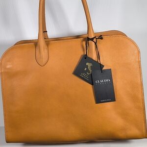 Claudia Firenze Large Tan Leather Tote Bag Shoulder Bag Hand Bag Crossbody Bag